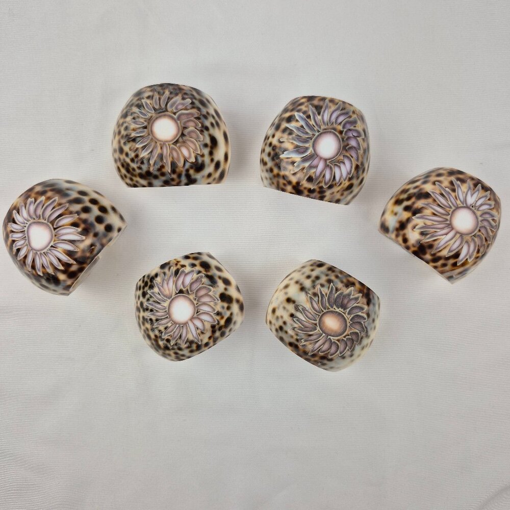 Tigar Cowrie Shell Napkin Rings with Etched Flower Design Set of 6